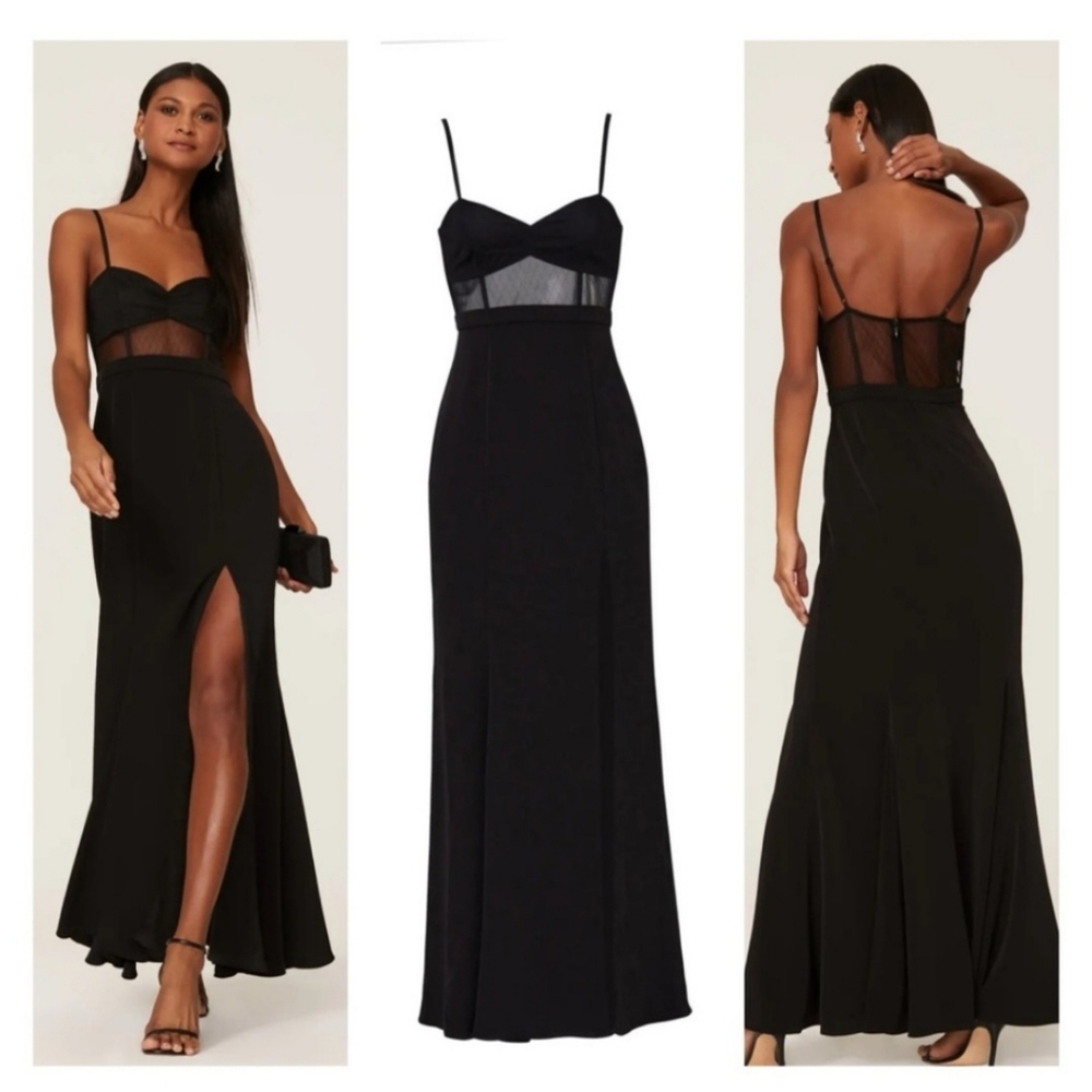 FAME AND PARTNERS Dress Womens 2 Black Francesca Mesh Gown Long Sheer Sleeveless